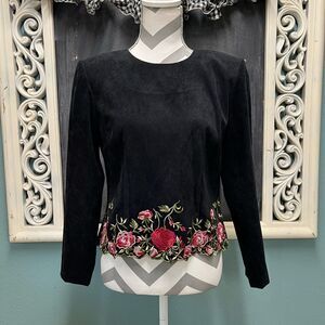 Positive Attitude 90’s micro suede long sleeve floral embroidered top